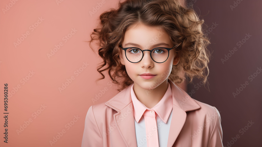 Portrait of beautiful girl wearing glasses on plain studio background. Health eyesight concept, school concept