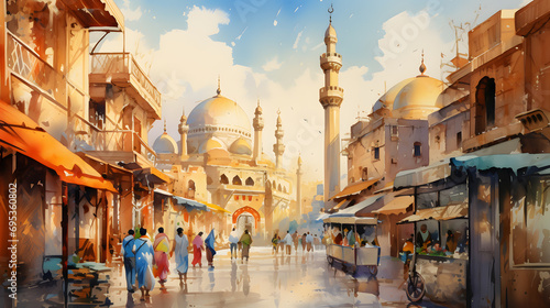 Captivating Watercolor of Cairo, Egypt. Exploring Vibrant Urban Life in Metropolitan Hub, Artistic Rendering of City Street, Cultural Diversity and Energetic Cityscape.