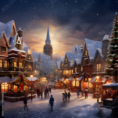 Winter cityscape with christmas trees, houses and people in the snow