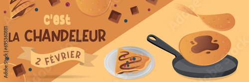 C'est la Chandeleur - Bannière festive pour célébrer la Chandeleur - Fête des crêpes - Festivités - Culture et tradition - Illustration vectorielle de crêpes et ingrédients sucrés - Garnitures