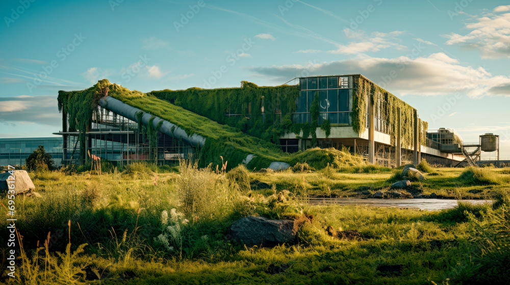 Abandoned manufacturing company overgrown with grass, moss and plants.