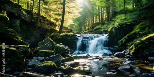 Panoramic view of a beautiful waterfall in the forest on a sunny day