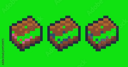 Green screen of cake food , cake icon bits pixel slowly appeared and dissappeared. Simple animation from pixel dots form sets of cake icon . Usefull for game asset or design asset animate.