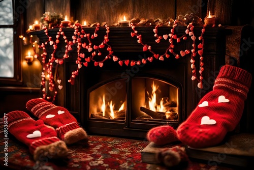 Obraz na płótnie fireplace with christmas decorations w salonie