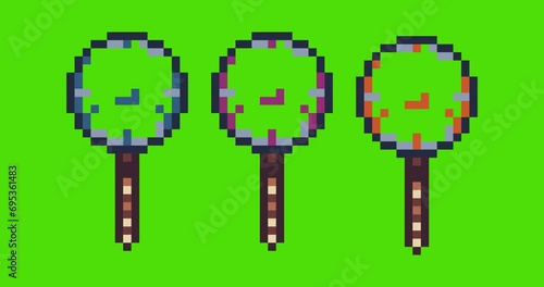 Green screen of lollipop , lollipop candy icon bits pixel slowly appeared and dissappeared. Simple animation from pixel dots form sets of candy icon . Usefull for game asset or design asset animate.