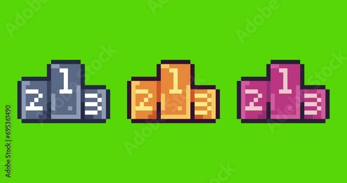 Green screen of Podium winner, podium icon bits pixel slowly appeared and dissappeared. Simple animation from pixel dots form sets of Winner icon . Usefull for game asset or design asset animate.