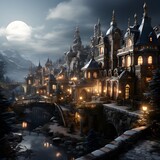 Fairytale castle at night. 3d render. Fantasy illustration