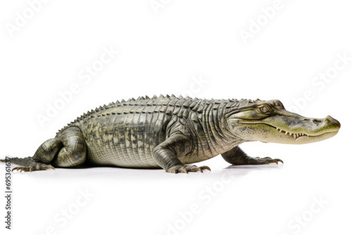 A gharial, a long-snouted crocodile with a narrow muzzle on white background