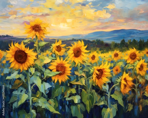 Oil painting of sunflowers in a field at sunset, beautiful landscape