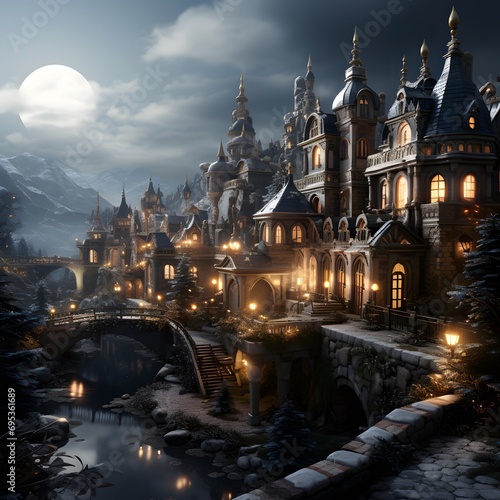 Fairytale castle at night. 3d render. Fantasy illustration
