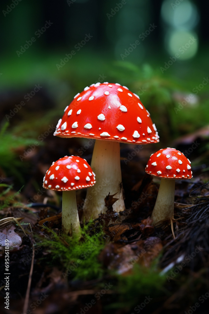 Fly agaric or fly-amanita mushrooms fungi with dark blur background and grass on surface created with Generative Ai Fly agaric or fly-amanita mushrooms fungi with dark blur background and grass on surface created with Generative Ai