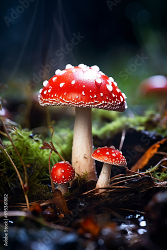 Fly agaric or fly-amanita mushrooms fungi with dark blur background and grass on surface created with Generative Ai