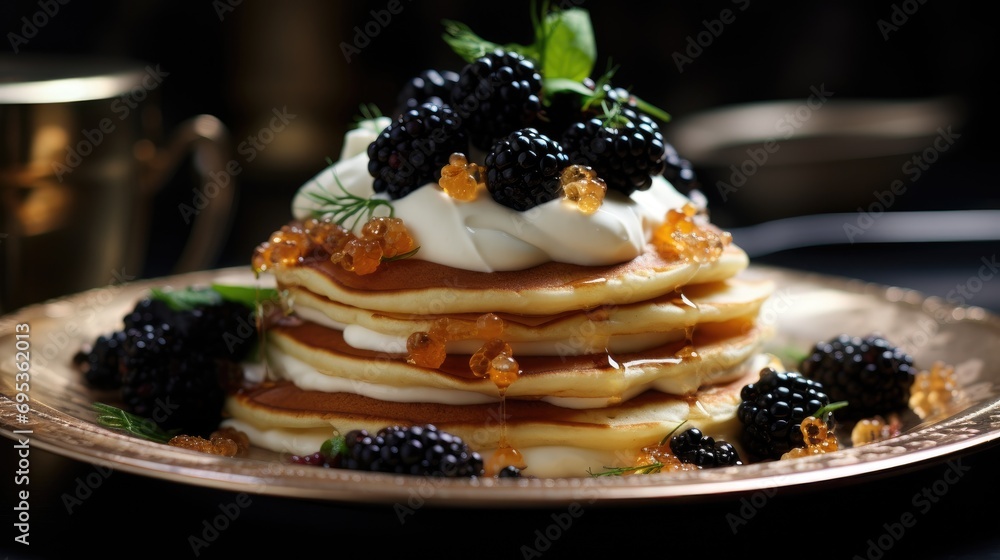 A stack of pancakes with strawberries, blackberries drizzled with honey on the table. A stack of pancakes with strawberries, blackberries drizzled with honey on the table.