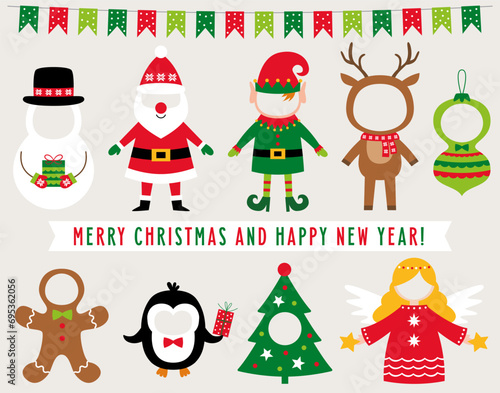 Christmas vector face in hole party props (Snowman, Santa, Elf, Angel, Deer, Penguin, Gingerbread Cookie)