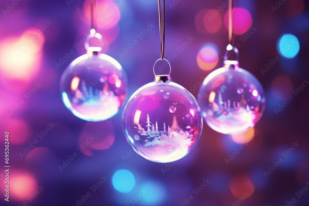 Obraz premium 3D rendering of glass Christmas baubles against a purple background. Bokeh neon pink and blue lights