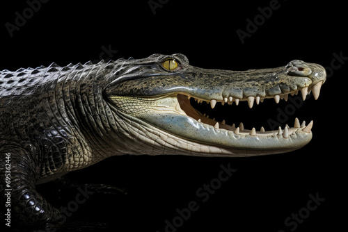 A gharial  a long-snouted crocodile with a narrow muzzle on black background