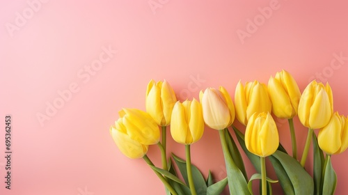 Spring yellow tulips on a pink background, a holiday card. Mother's Day, women's Day, Valentine's Day.
