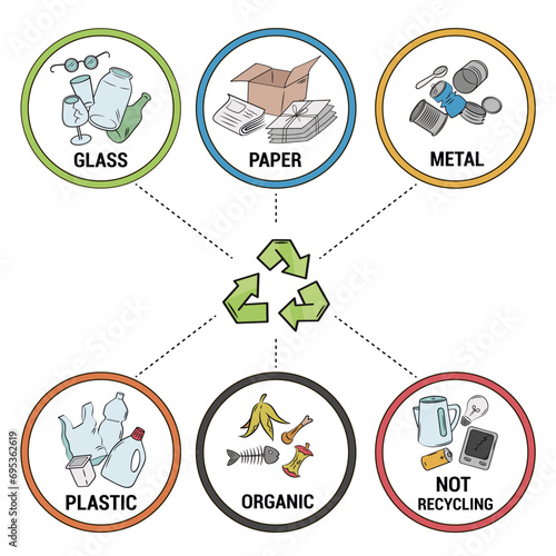 Sorting and recycling garbage. Waste separation vector. Color garbage types, recycling sign on white background.