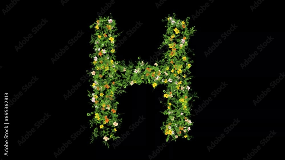 English alphabet H with grass and colorful flowers on plain black background English alphabet H with grass and colorful flowers on plain black background