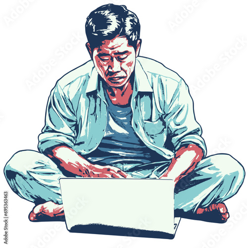 Asian man with laptop design, communication social media internet, vector illustration