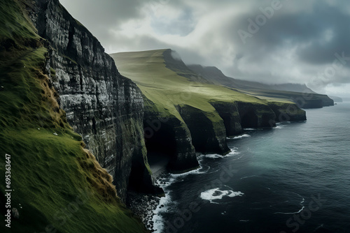 A dramatic cliffside landscape with green hills, jagged black cliffs, cloudy gray sky, and deep blue crashing waves, ai generative