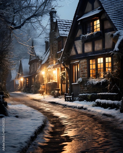 Snowy winter street in the old town of Alsace, France