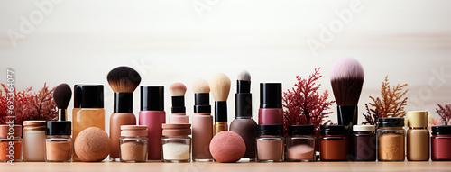 Wide panoramic cosmetics background with different makeup items and brushes 