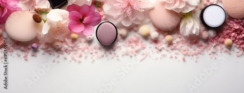 Wide panoramic pinkish cosmetics background banner with various makeup powders, colorful stones  and flowers on white background  photo