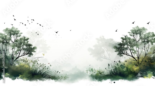 Forested mountain slope in low lying cloud white background