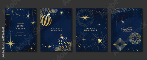 Elegant christmas invitation card art deco design vector. Luxury christmas ball, foliage, twinkling line and spot texture on dark blue background. Design illustration for cover, poster, wallpaper. photo