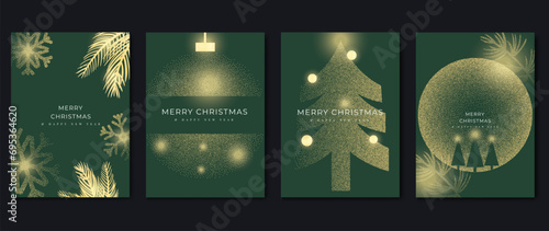 Elegant christmas invitation card art deco design vector. Luxury christmas tree, snowflake, ball, foliage spot texture on dark green background. Design illustration for cover, poster, wallpaper.
