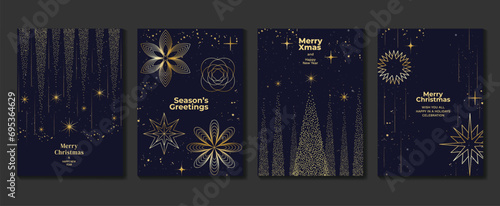 Elegant christmas invitation card art deco design vector. Luxury christmas tree, twinkling line and spot texture on blue background. Design illustration for cover, poster, wallpaper.