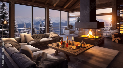 Modern cozy chalet in the mountains with a fireplace and a comfortable living room in winter