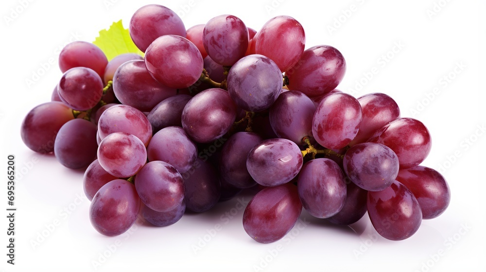 Fototapeta premium Ripe red grapes. Pink bunches with leaves on white background.Blue wet grape bunches on white background