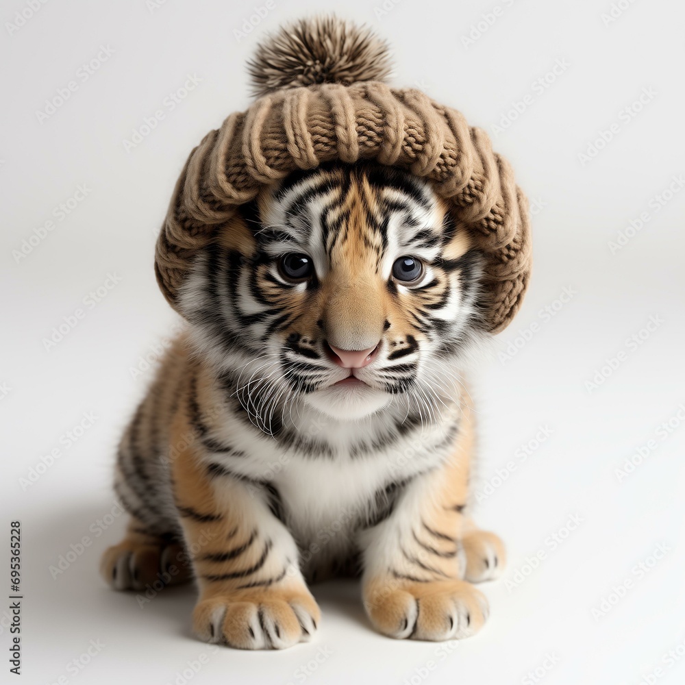 Obraz premium Cute Tiger Cub in a Knit Hat