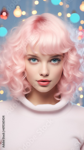 Girl with curly pink hair  on the christmas background. Pastel colors in pop art style.