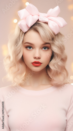Girl with blonde hair and pink bow on her head 