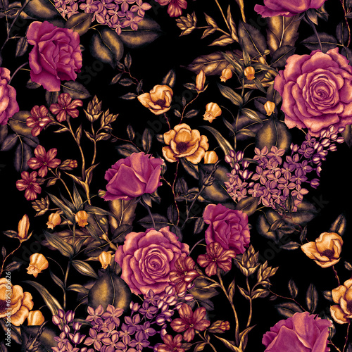 Watercolor seamless pattern with garden flowers. Vintage spring or summer flo...