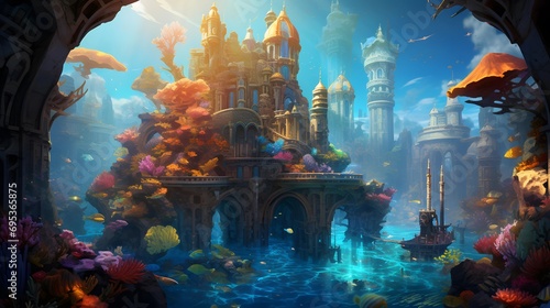 Fantasy underwater world with fishes and fantasy city. 3d illustration © Iman