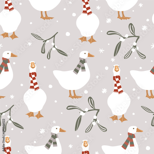 Seamless winter pattern with cute geese in warm scarf. Merry Christmas vector illustration