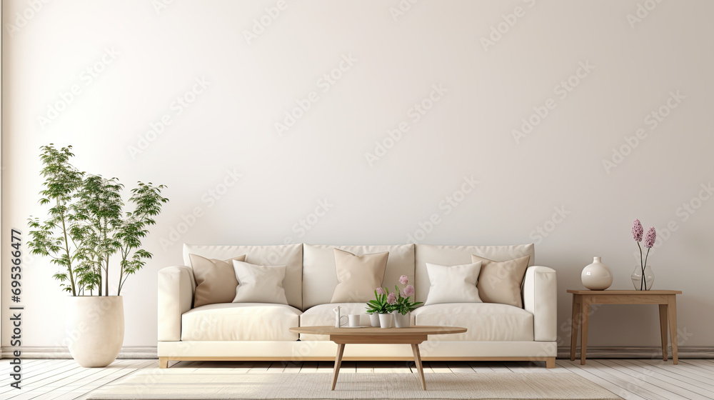 Modern Minimal clean clear contemporary living room home interior design daylight background,beige white sofa couch in living room daylight from window freshness moment mock up interior. - obrazy, fototapety, plakaty 