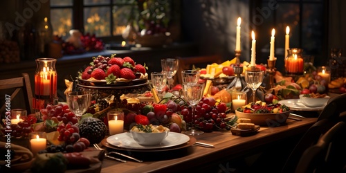 decorated christmas table with fruit and candles  panorama