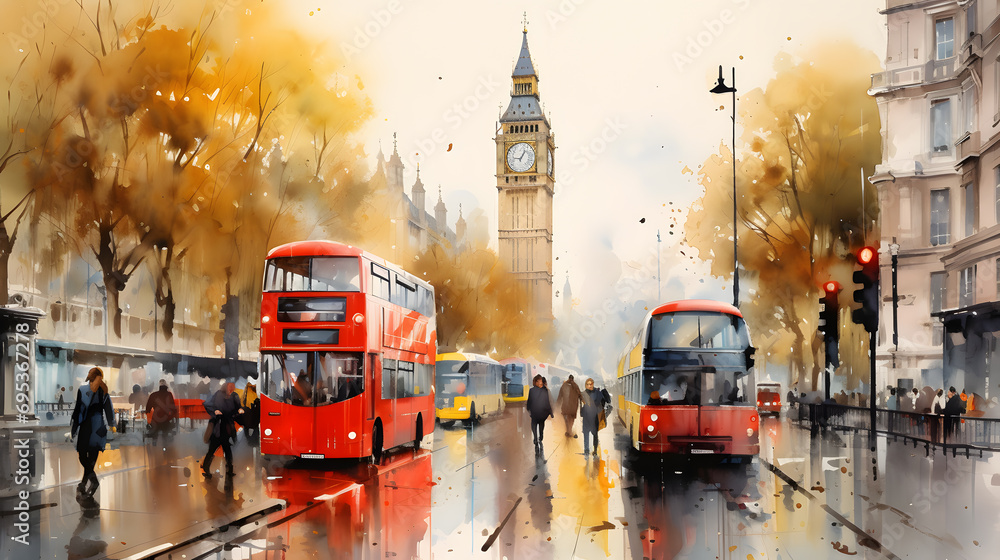 Captivating Watercolor of London, England. Exploring Vibrant Urban Life in Metropolitan Hub, Artistic Rendering of City Street, Cultural Diversity and Energetic Cityscape. - obrazy, fototapety, plakaty 