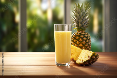 fresh pineapple smoothie glass on wood table - Healthy Drink