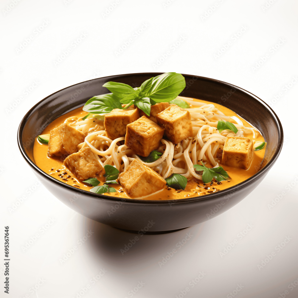 Bowl of Creamy Curry Noodles with Crispy Tofu Isolated
Bowl of Creamy Curry Noodles with Crispy Tofu Isolated