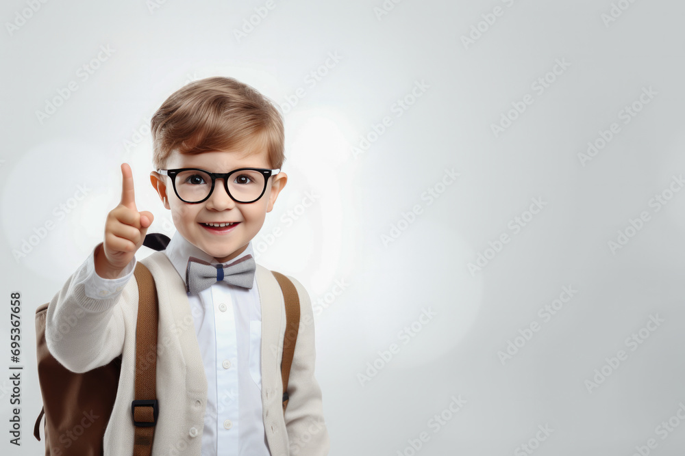 Smiling child boy pointing his index finger at something on white background Success, creative and innovation concept. eureka, handsome little boy in glasses is surprised Smiling child boy pointing his index finger at something on white background Success, creative and innovation concept. eureka, handsome little boy in glasses is surprised