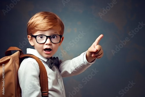 Smiling child boy pointing his index finger at something  against the background of a school board.  Success  creative and innovation  concept. eureka  handsome little boy in glasses is surprised
