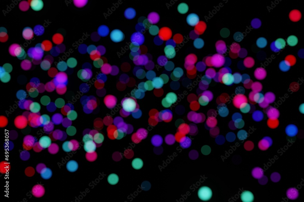 Multicolor bokeh, raining light, blurry lights, blurry background, rainbow confetti on black background, colorful, night lights, city lights, haze, depth of field, round bokeh, circle bokeh, 3d render