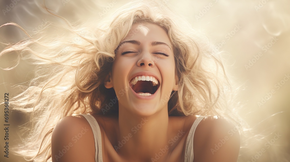 Blonde woman overwhelmed with joy and happiness