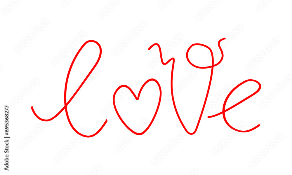The word love, red font with heart. Vector hand lettering for design of cards, banners, invitations for holidays Valentine's Day, wedding, engagement